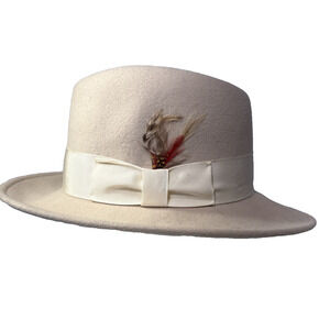 Bailey of Hollywood 100% Wool Fedora Hat Beige Feather Accent Made in USA Size L
